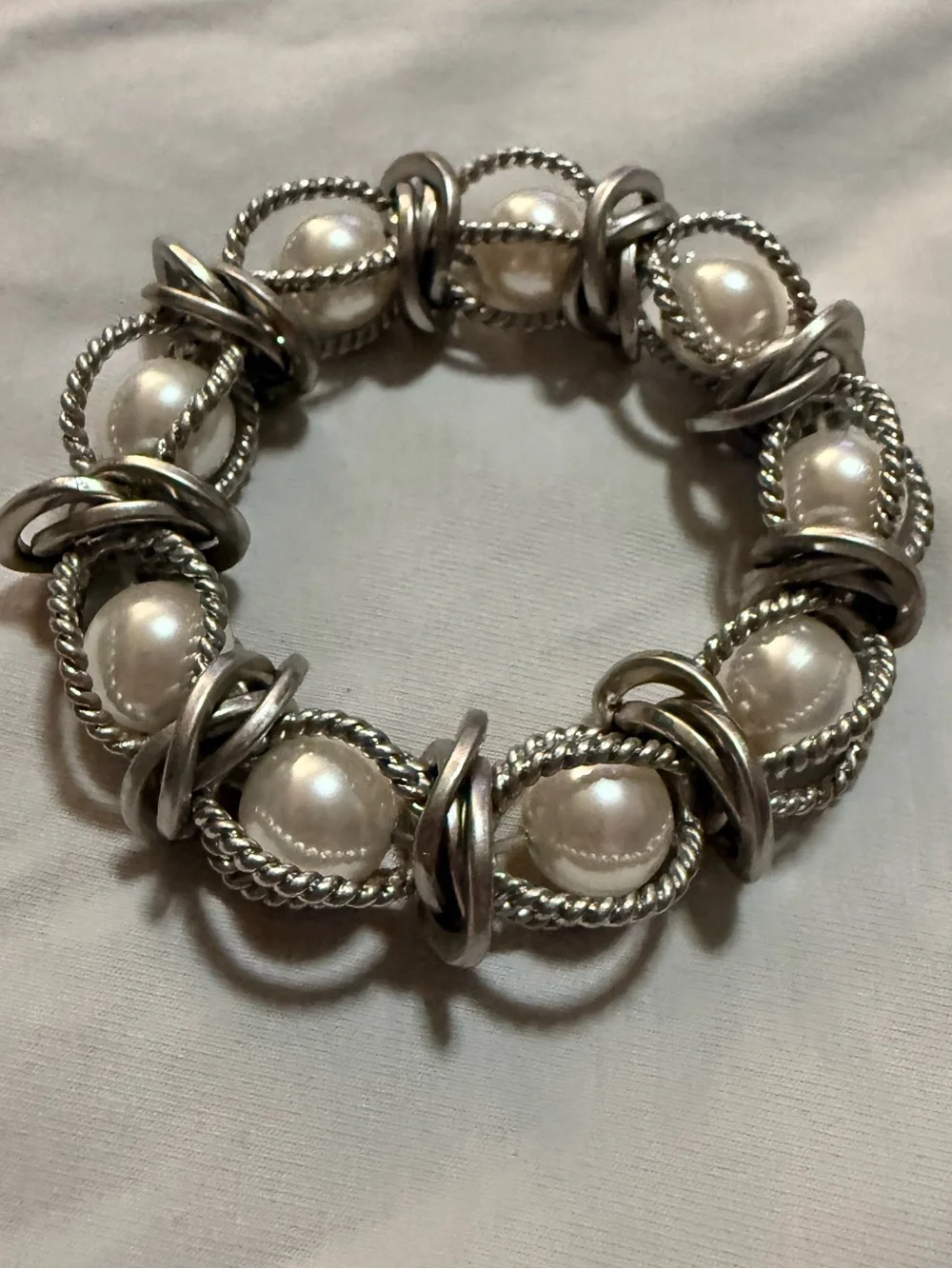 Lia Sophia Silver Tone Rope Link Stretch Bracelet with White Simulated Pearls